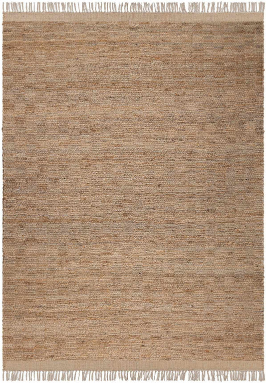 Beige woven rug with white fringe on a plain background