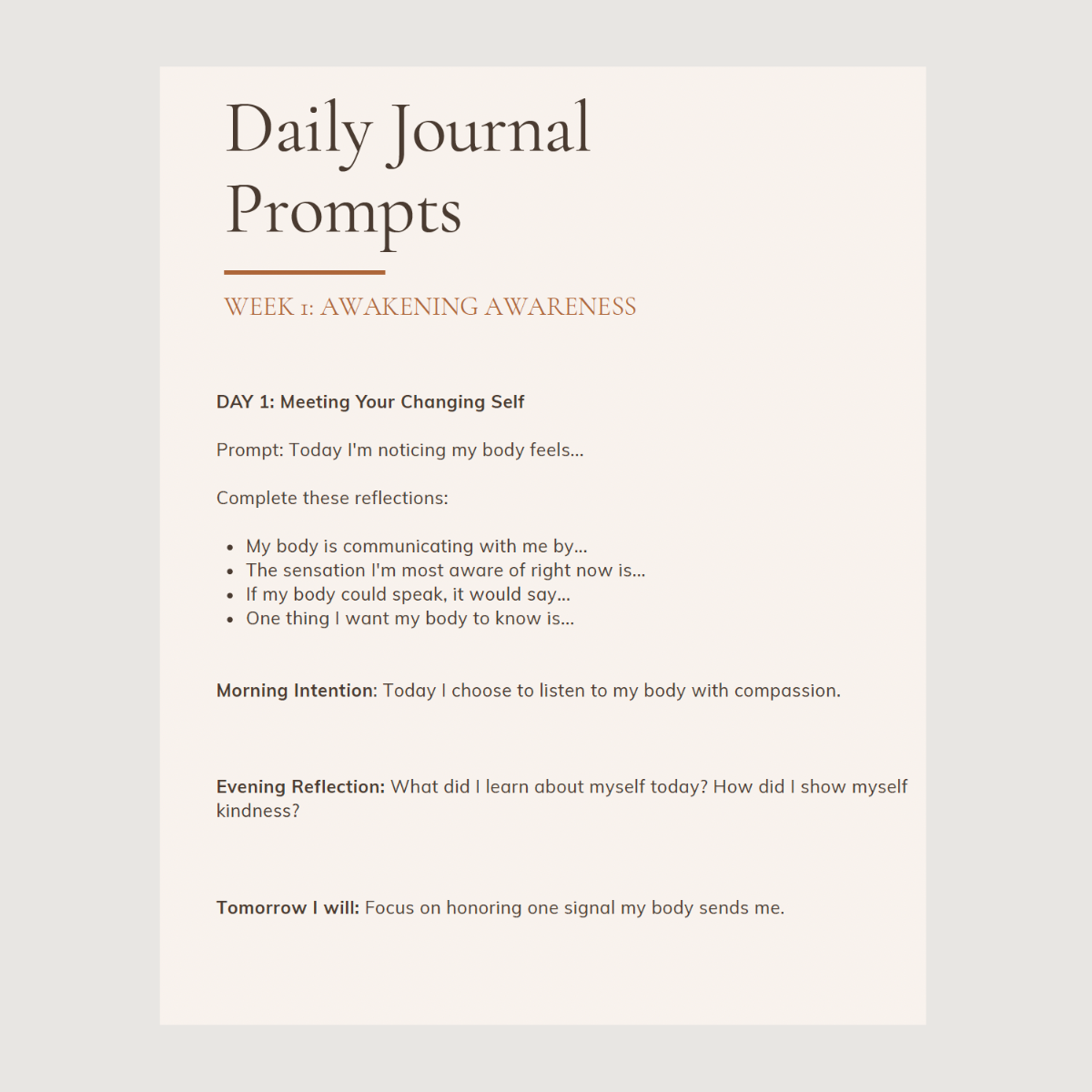 Daily journal prompts for week 1 on awakening awareness with a plain background