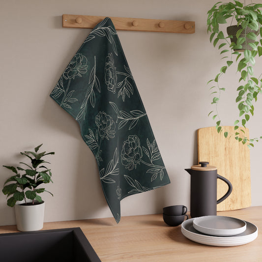 Dark green floral tea towel with elegant gold botanical detailing. Made from absorbent cotton or durable polyester twill, perfect for kitchen use and decor.