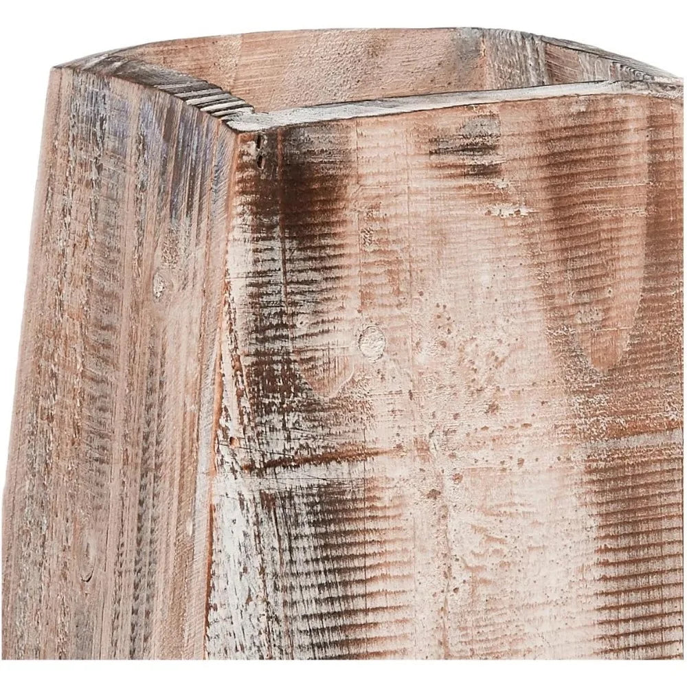 Close-up of whitewashed wood grain and angular vase opening