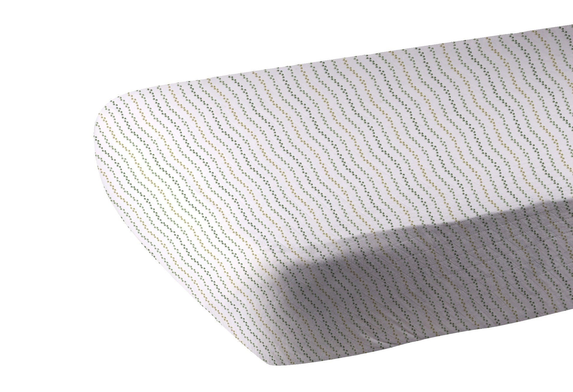 Fitted Dino Feet cotton crib sheet on standard crib mattress
