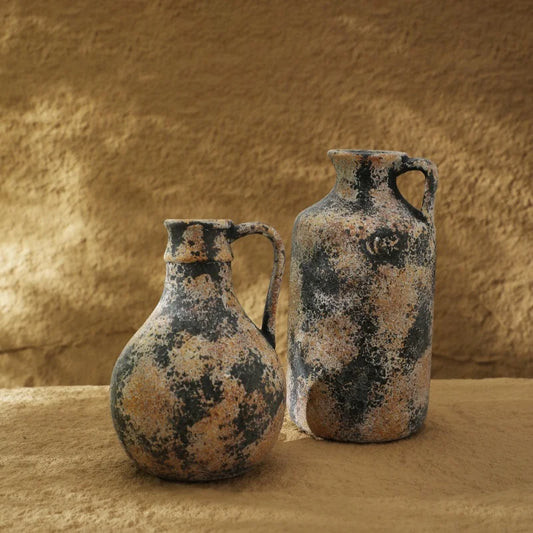 Distressed ceramic vases in small and large with rustic handles