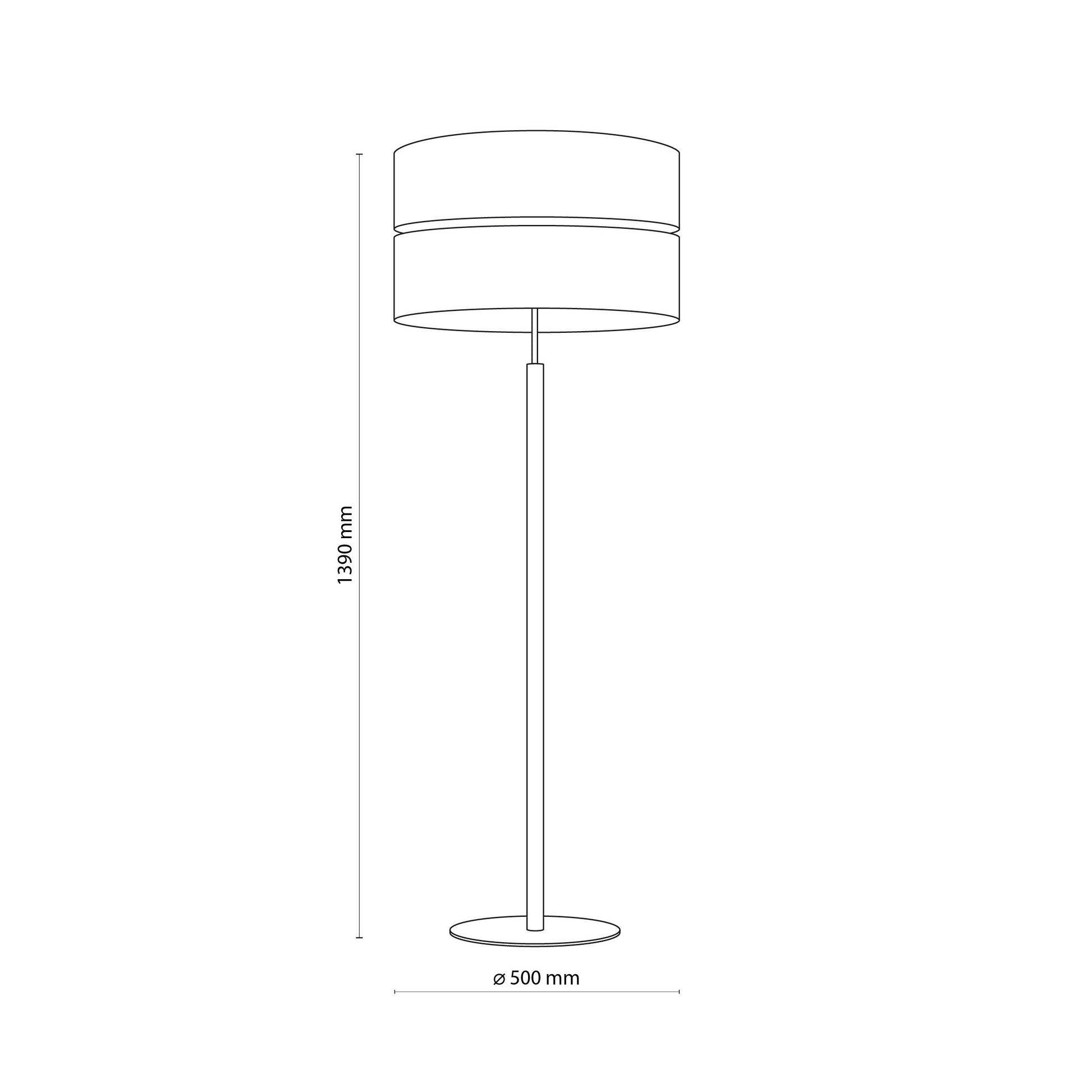 Line drawing of a floor lamp with dimensions on a white background