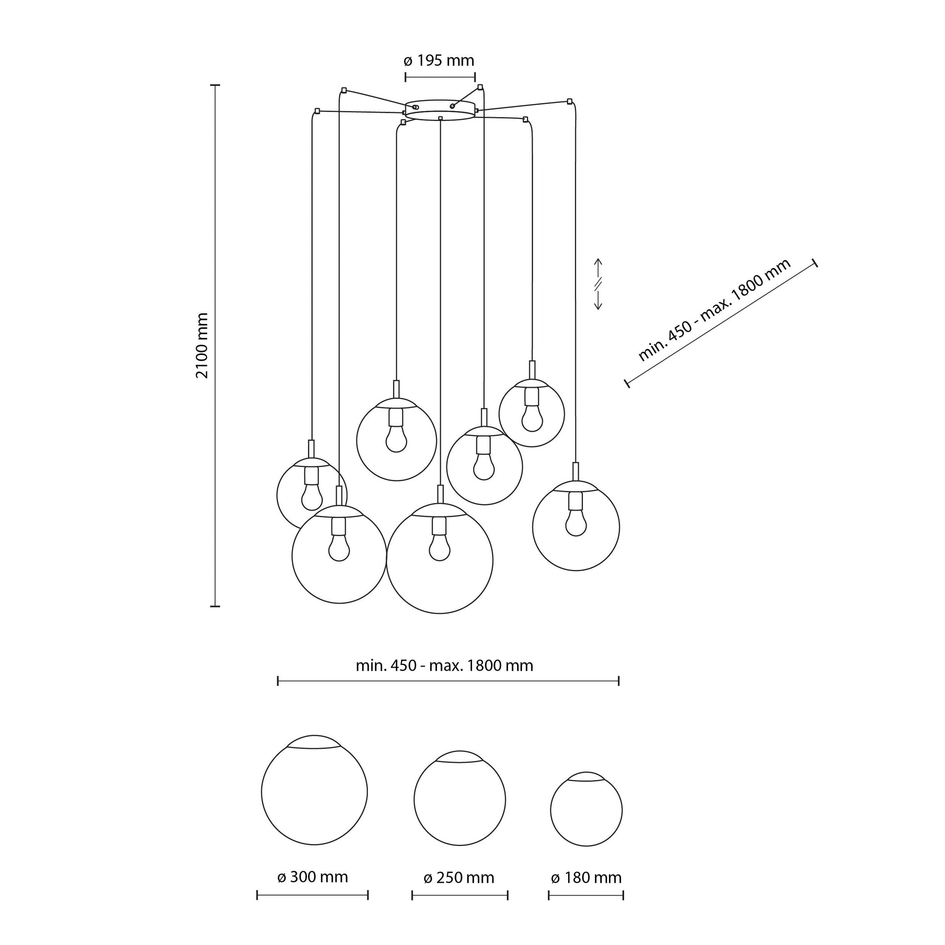 Technical drawing of a pendant light fixture with dimensions