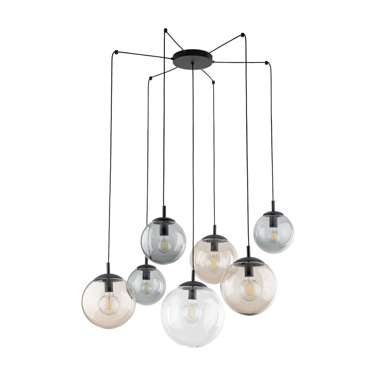 Close-up of Modern multi globe pendant light in graphite, topaz, and clear glass on a white background