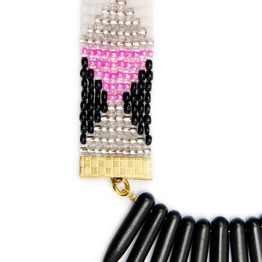 Pink, Black & White Beaded Necklace – Handmade with Black Howlite Spikes - Purekind Living