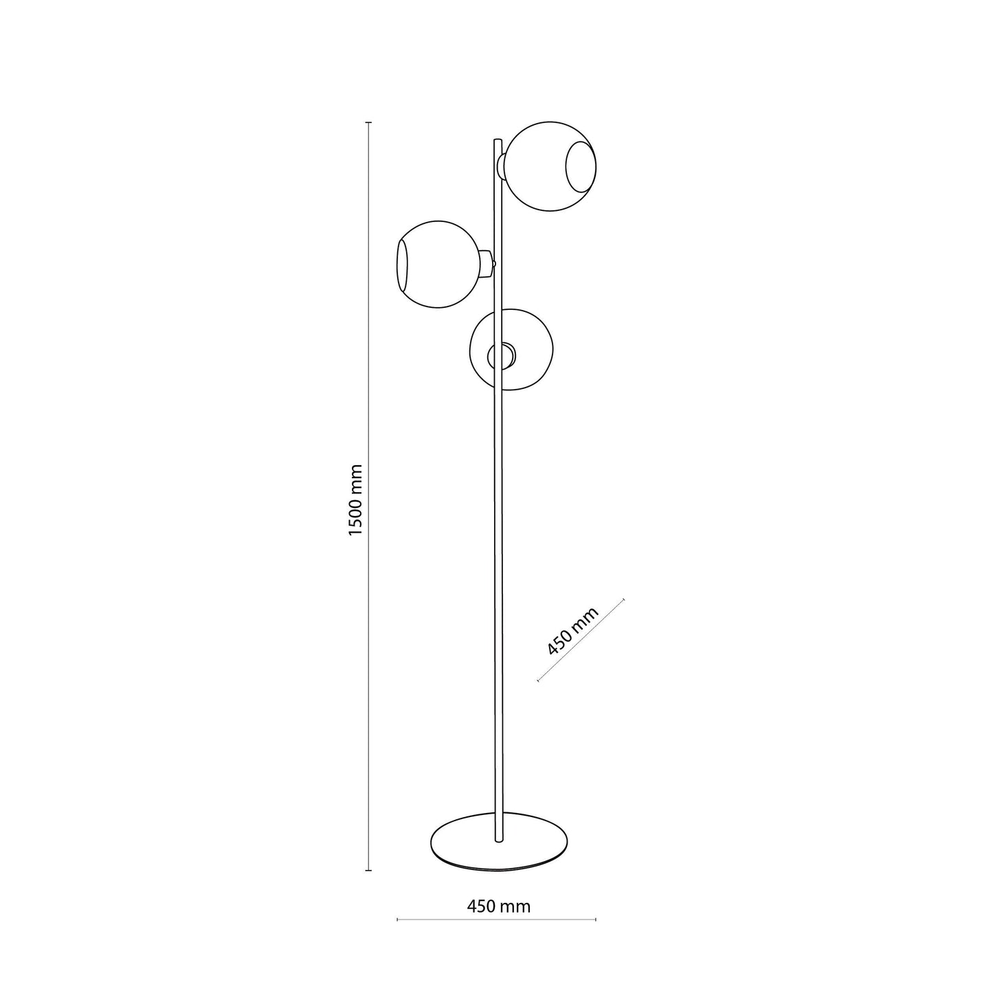 Line drawing of a floor lamp with dimensions labeled