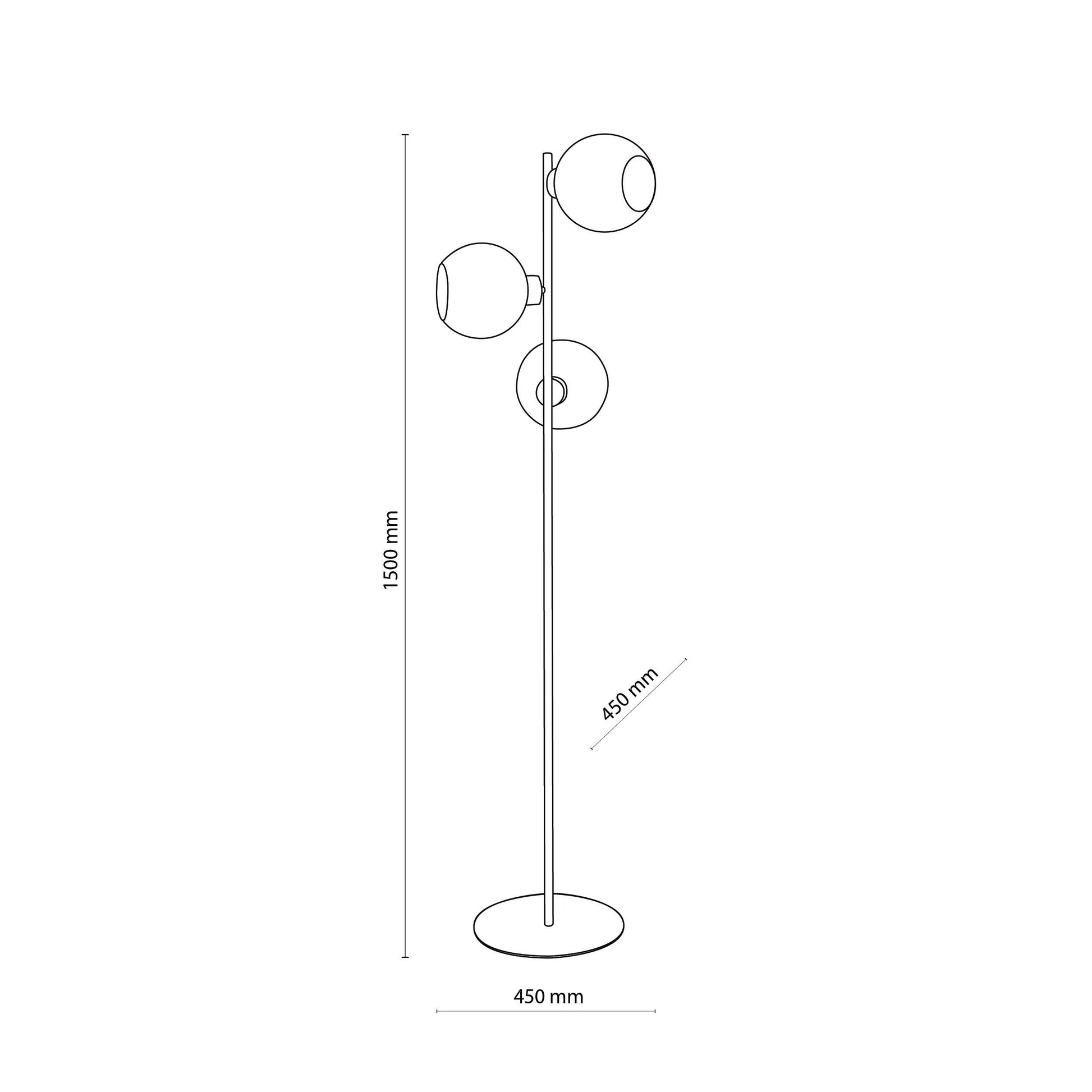 Line drawing of a floor lamp with dimensions labeled
