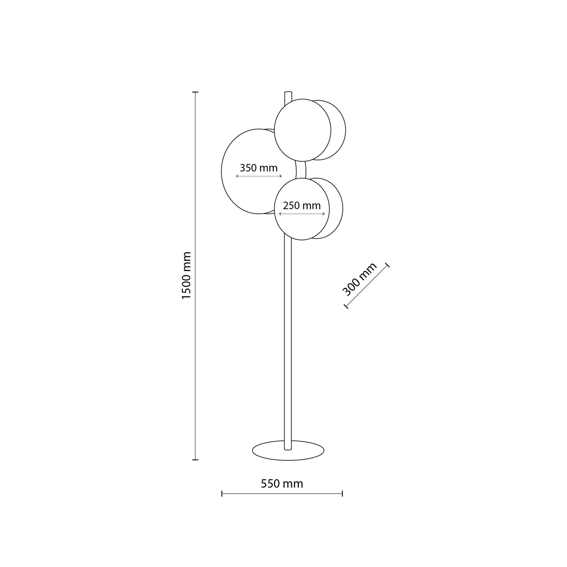 Measurement diagram of a floor lamp with dimensions labeled.
