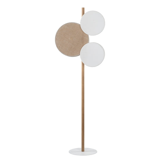 Modern floor lamp with three circular shades on a white background