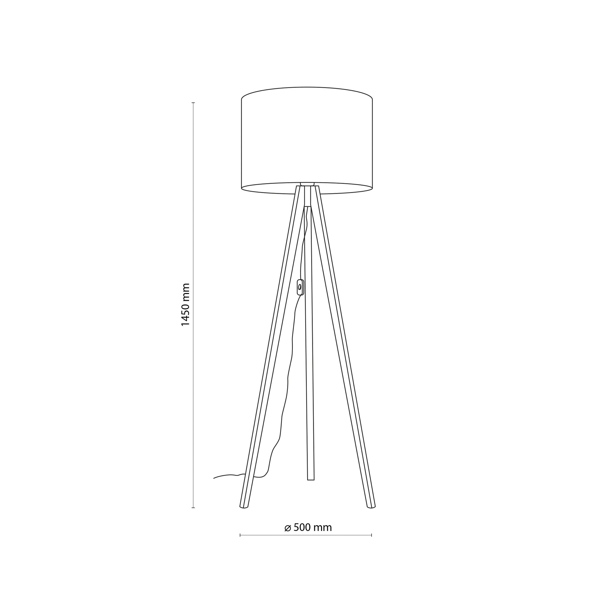Line drawing of a tripod floor lamp with dimensions on a white background