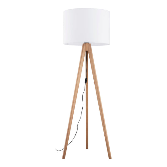 Tripod floor lamp with a white shade on a white background