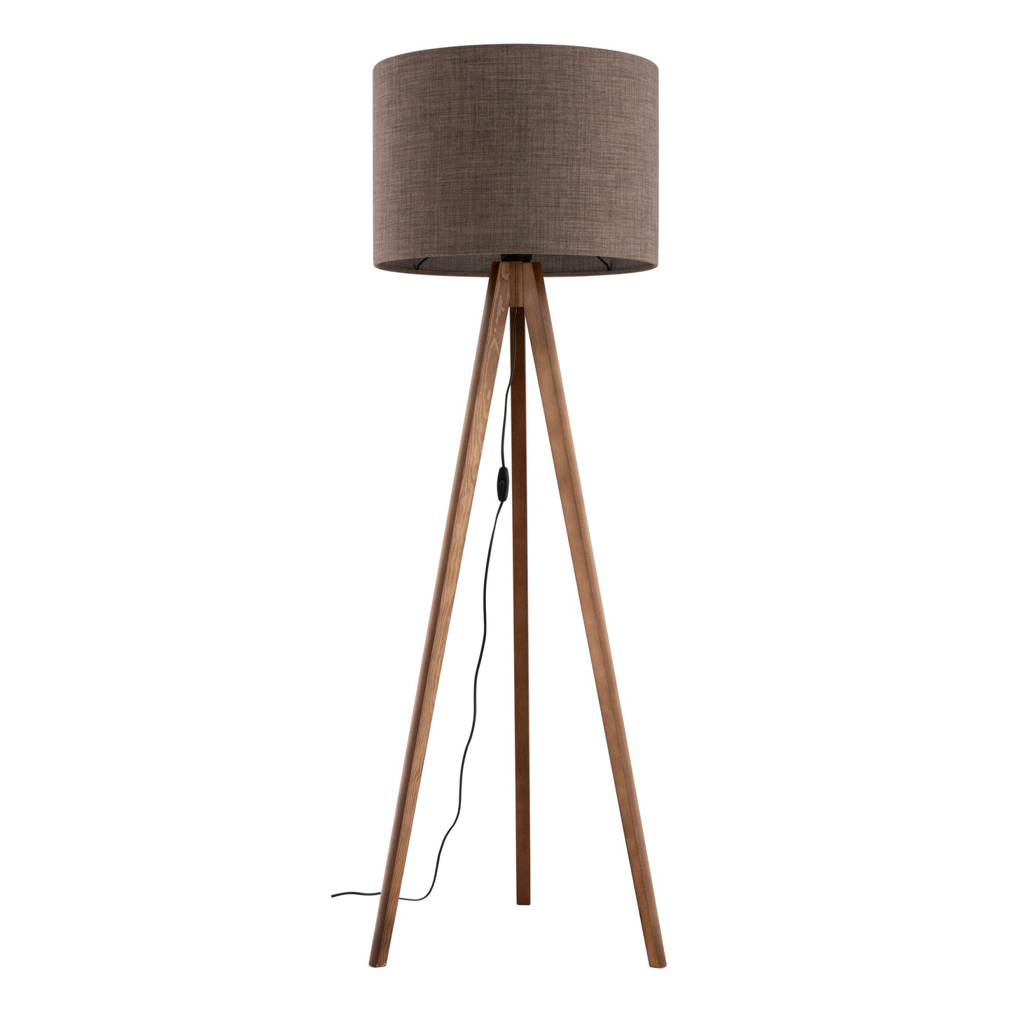 Floor lamp with brown fabric shade and wooden tripod base on a white background
