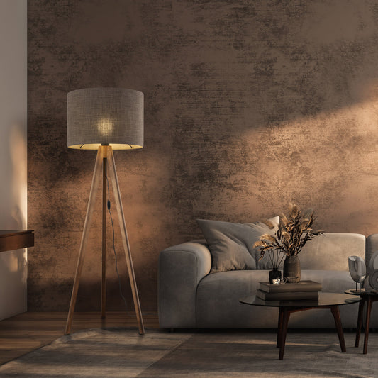 GRAND walnut tripod floor lamp with fabric shade in modern living room

