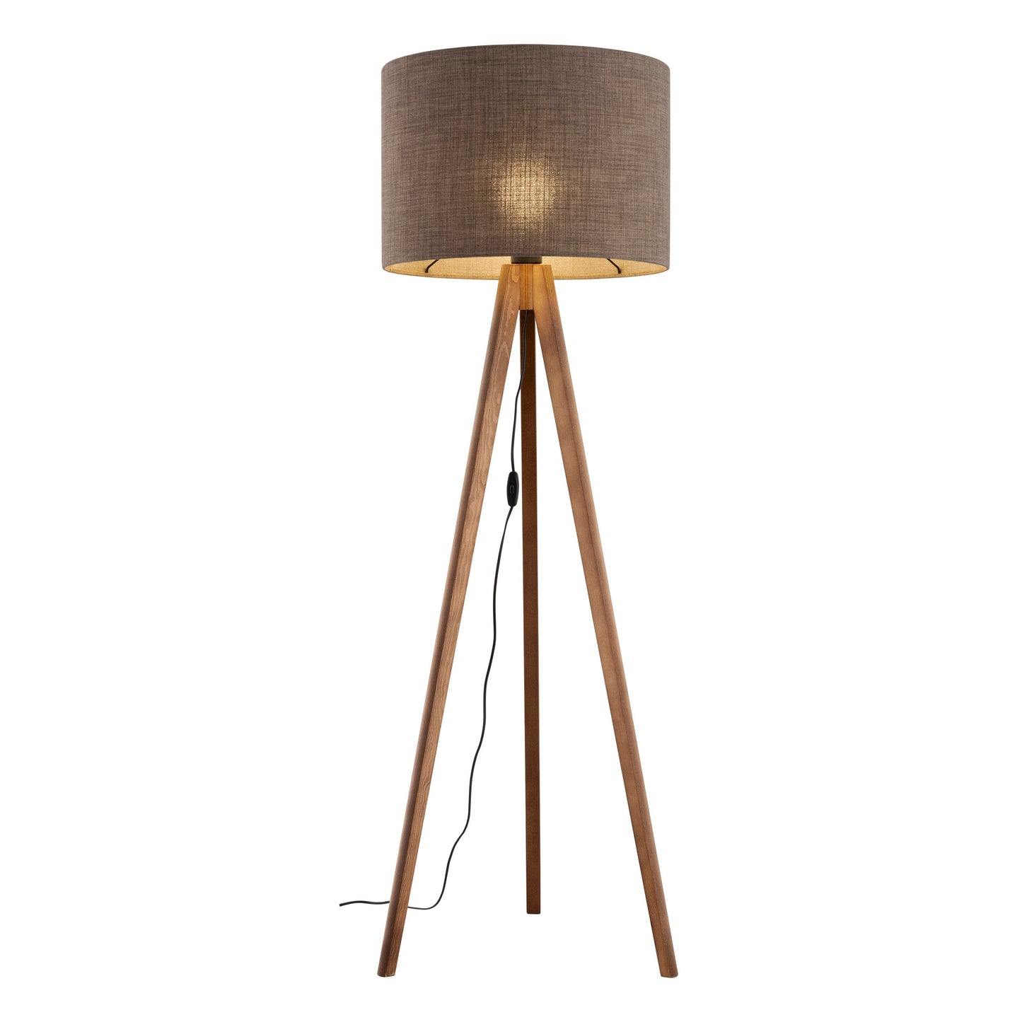 GRAND walnut floor lamp illuminated with warm light

