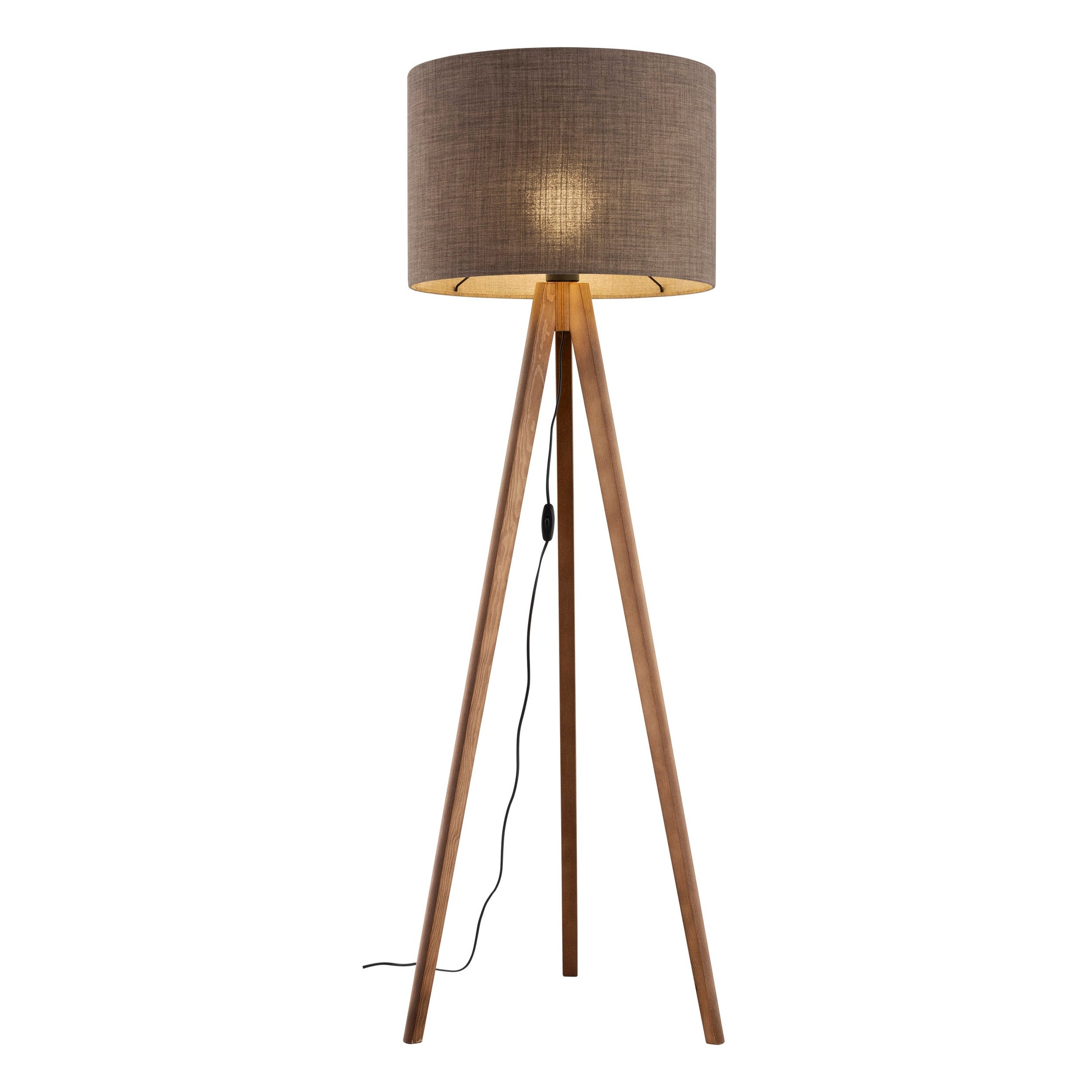 GRAND walnut floor lamp illuminated with warm light

