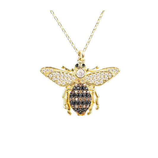 Gold honey bee pendant necklace with sparkling zircon stones on an adjustable chain.