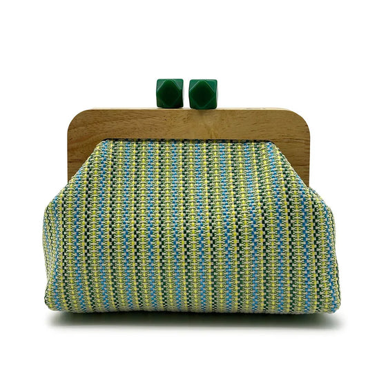 Green striped woven clutch with wooden frame, green clasp