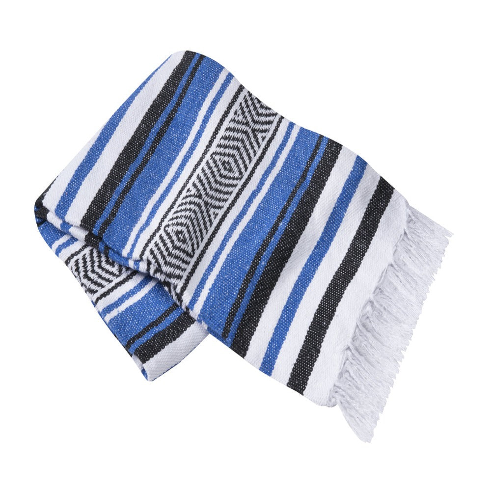 Handwoven Mexican yoga blanket with striped design blue, and white.