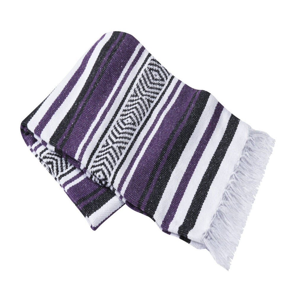 Handwoven Mexican yoga blanket with striped design in purple and white.