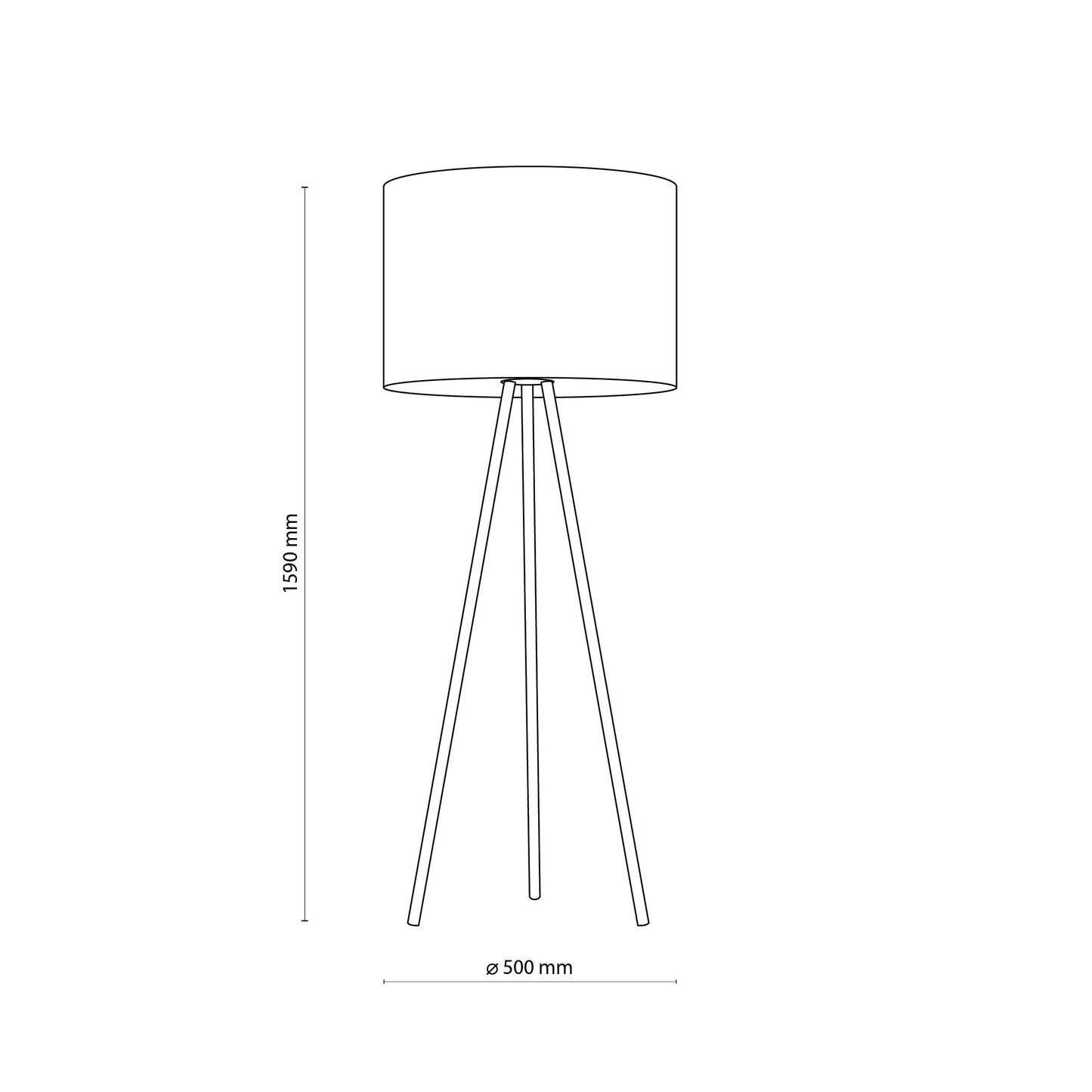 Line drawing of a tripod floor lamp with dimensions on a white background