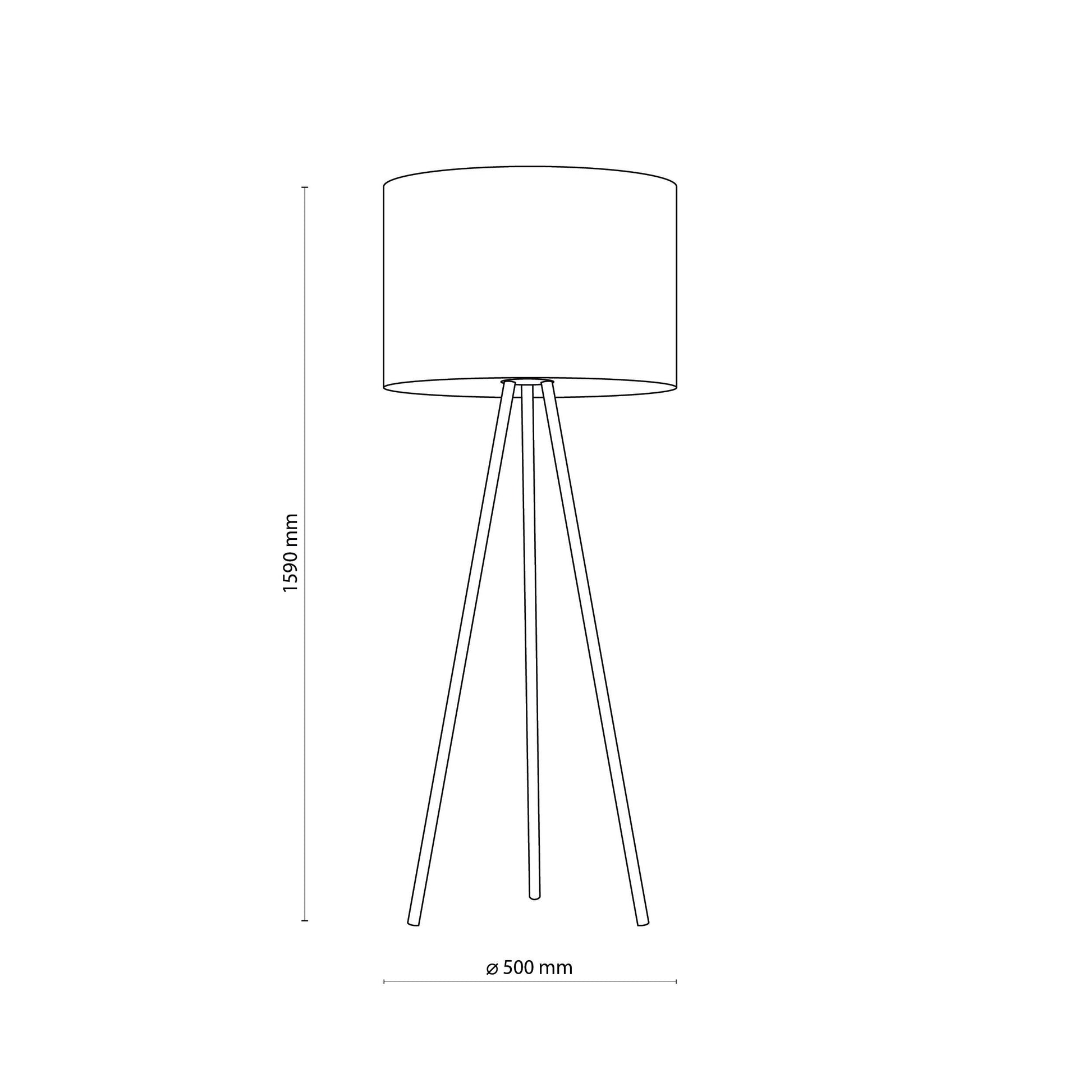 Line drawing of a tripod floor lamp with dimensions on a white background