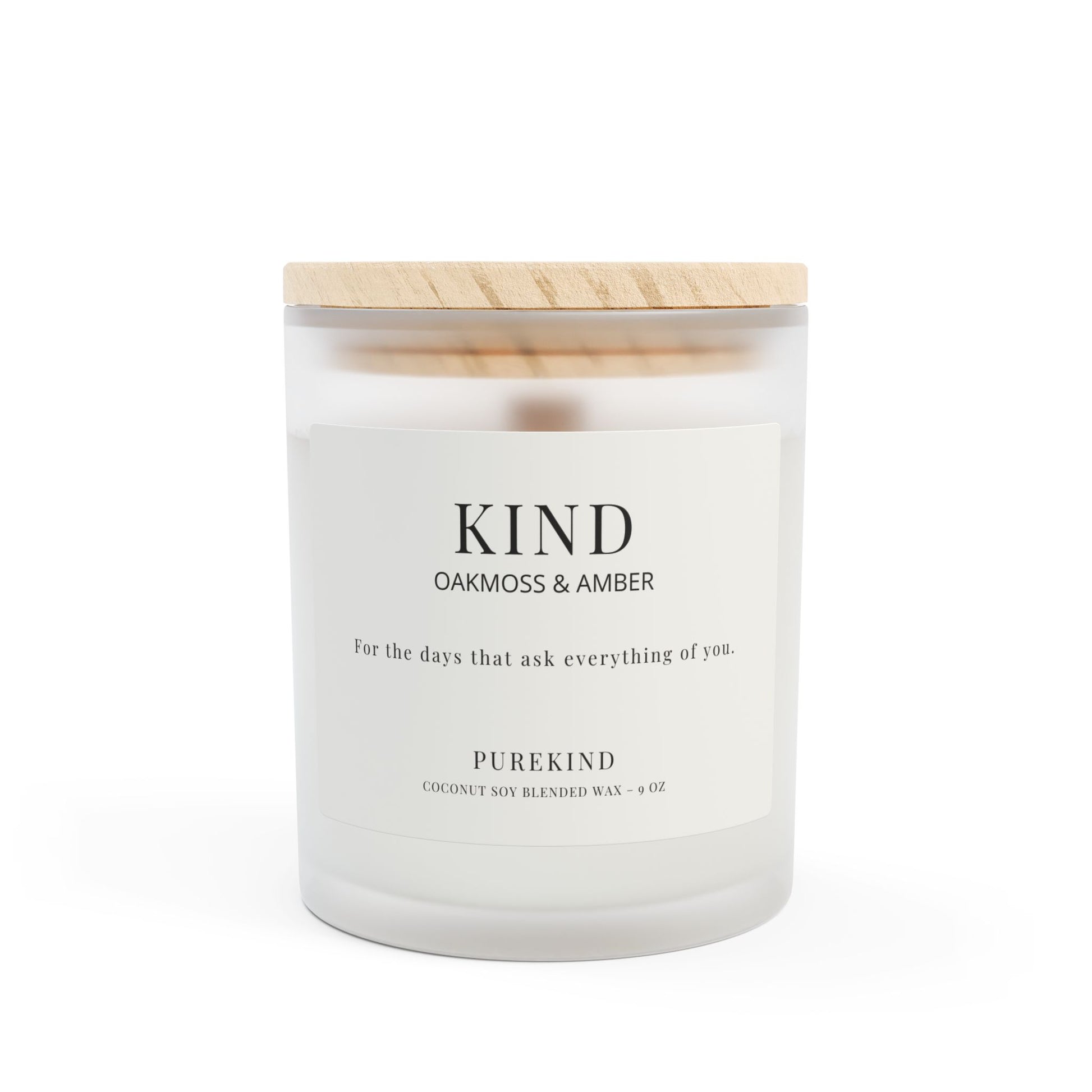 KIND oakmoss and amber candle in frosted glass jar with wood lid