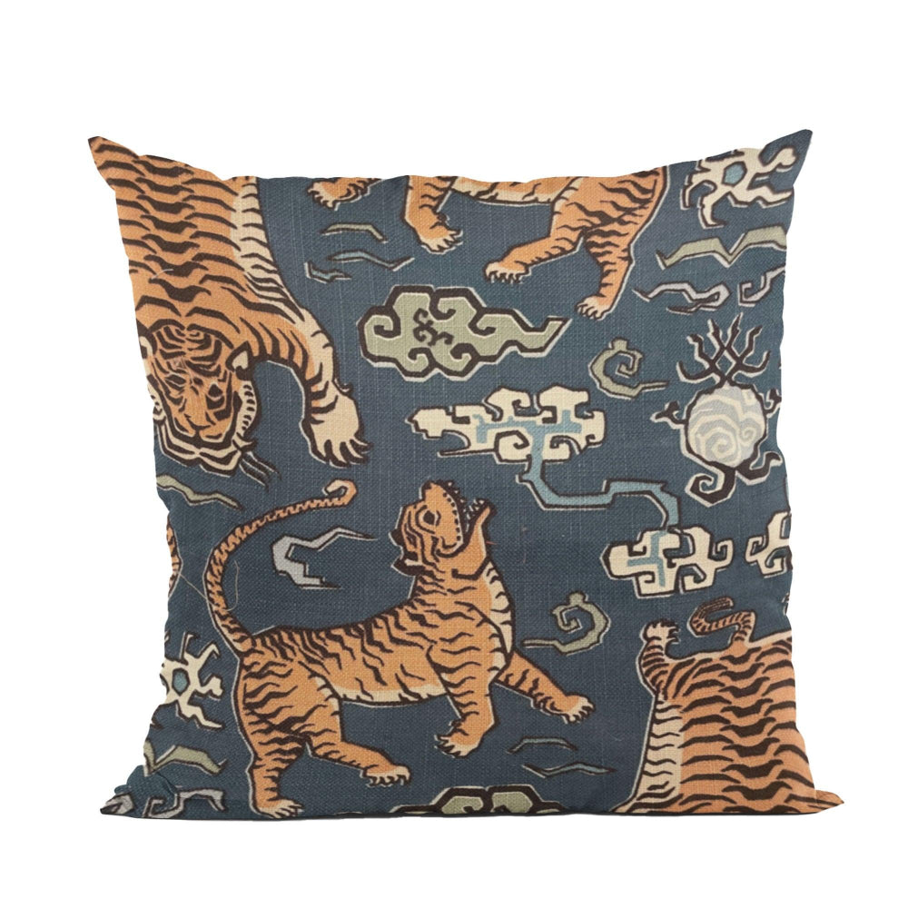Kimono Tiger Blue and Beige Luxury Throw Pillow with an artistic tiger pattern, featuring deep blue and beige tones.