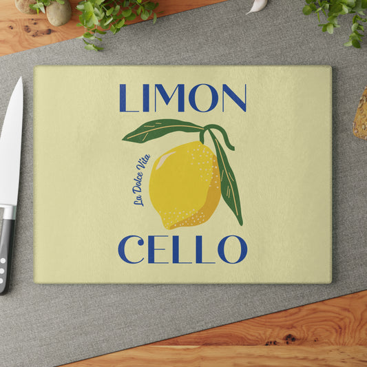 Glass cutting board with limon design placed on counter