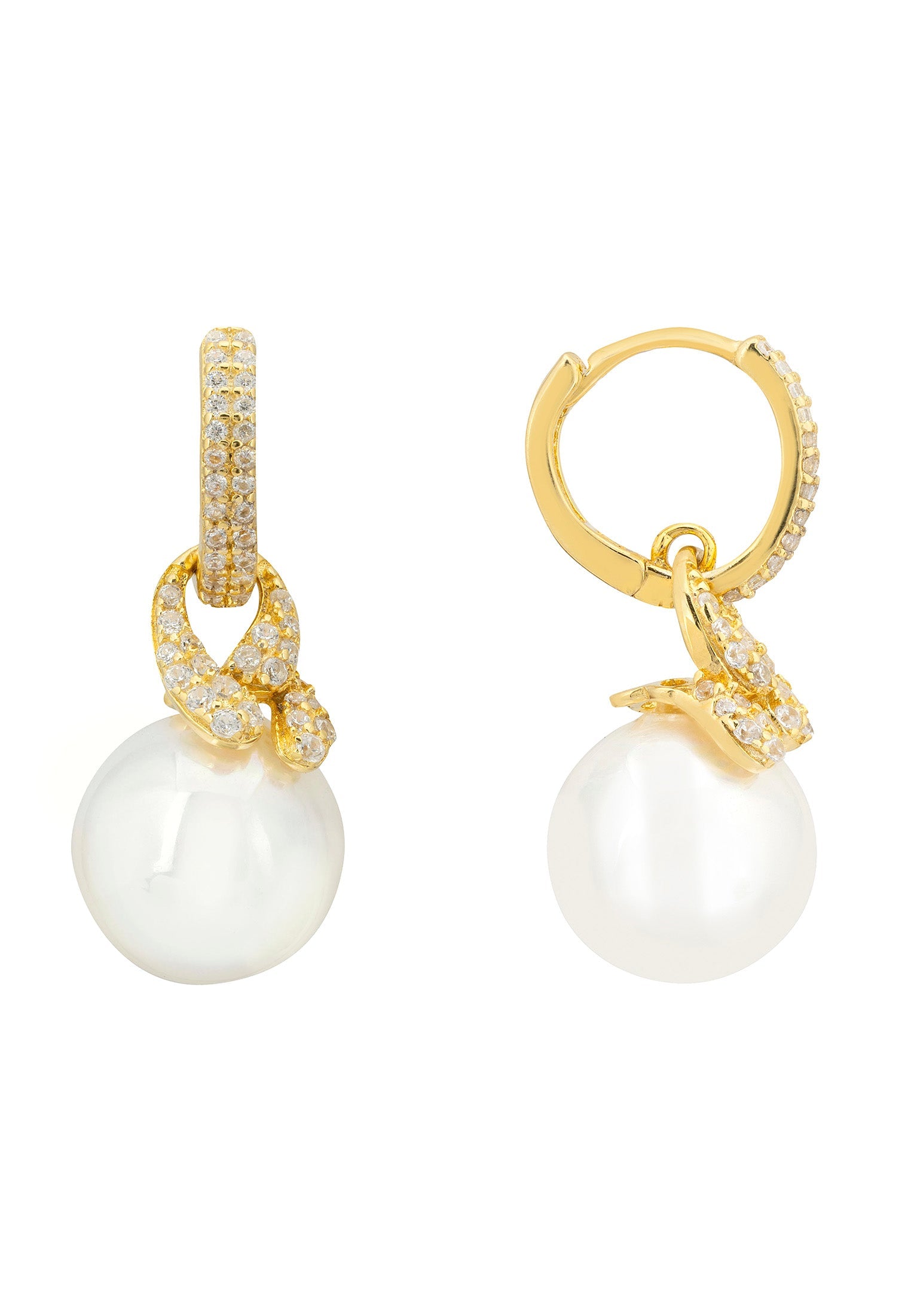 Gold hoop earrings with pearl drops on a white background
