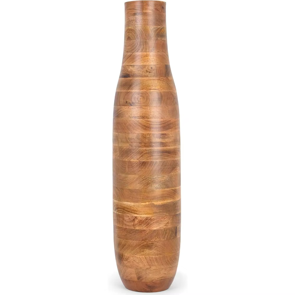 Modern decorative mango wood vase with a sleek, natural grain finish, perfect for rustic and contemporary decor.