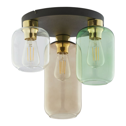 Close-up of Marco ceiling light with three multicolored glass shades