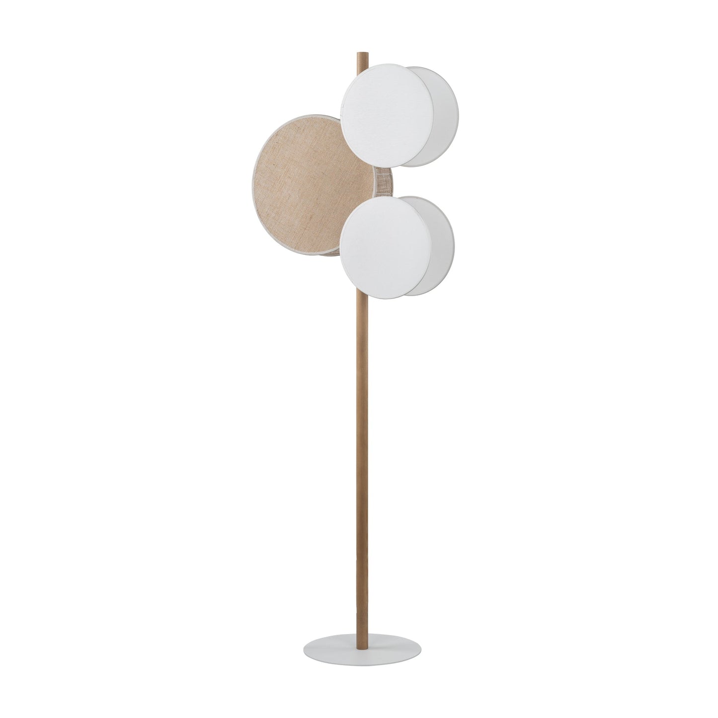 Minimalist round shade floor lamp with wooden pole and white base

