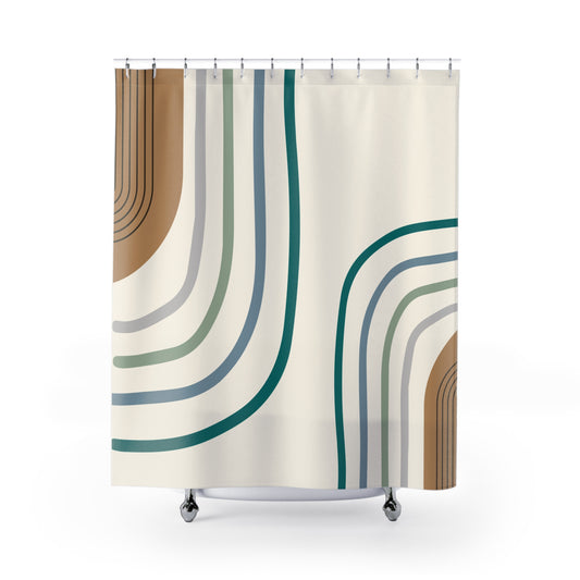 Modern boho shower curtain with mid-century-inspired arch design in teal, beige, and gold.