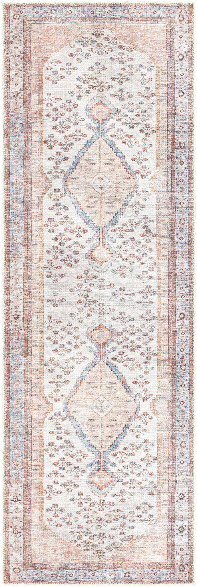 Full view of Moora traditional runner rug in pink and aqua