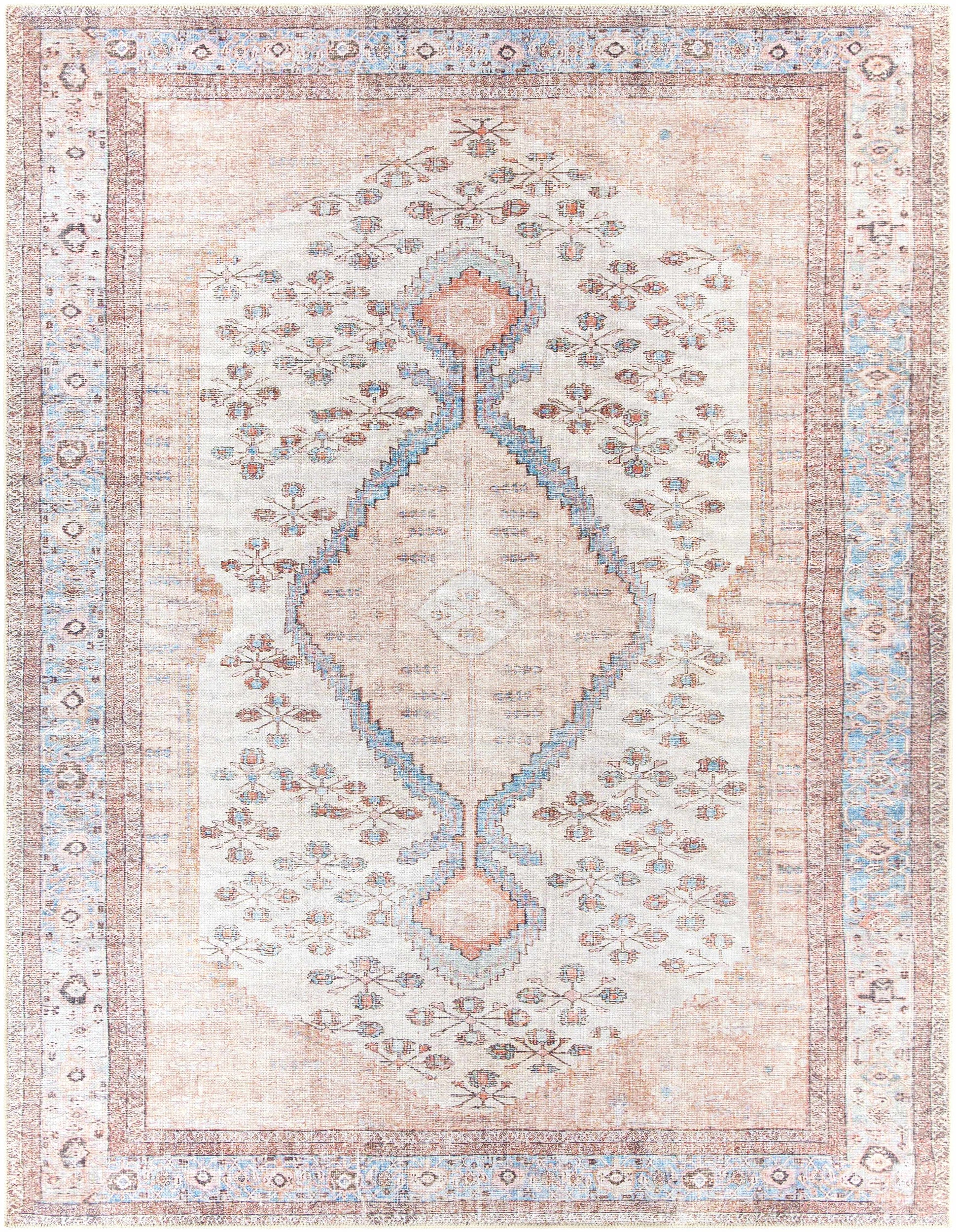 Moora washable traditional area rug with medallion design in pink and aqua