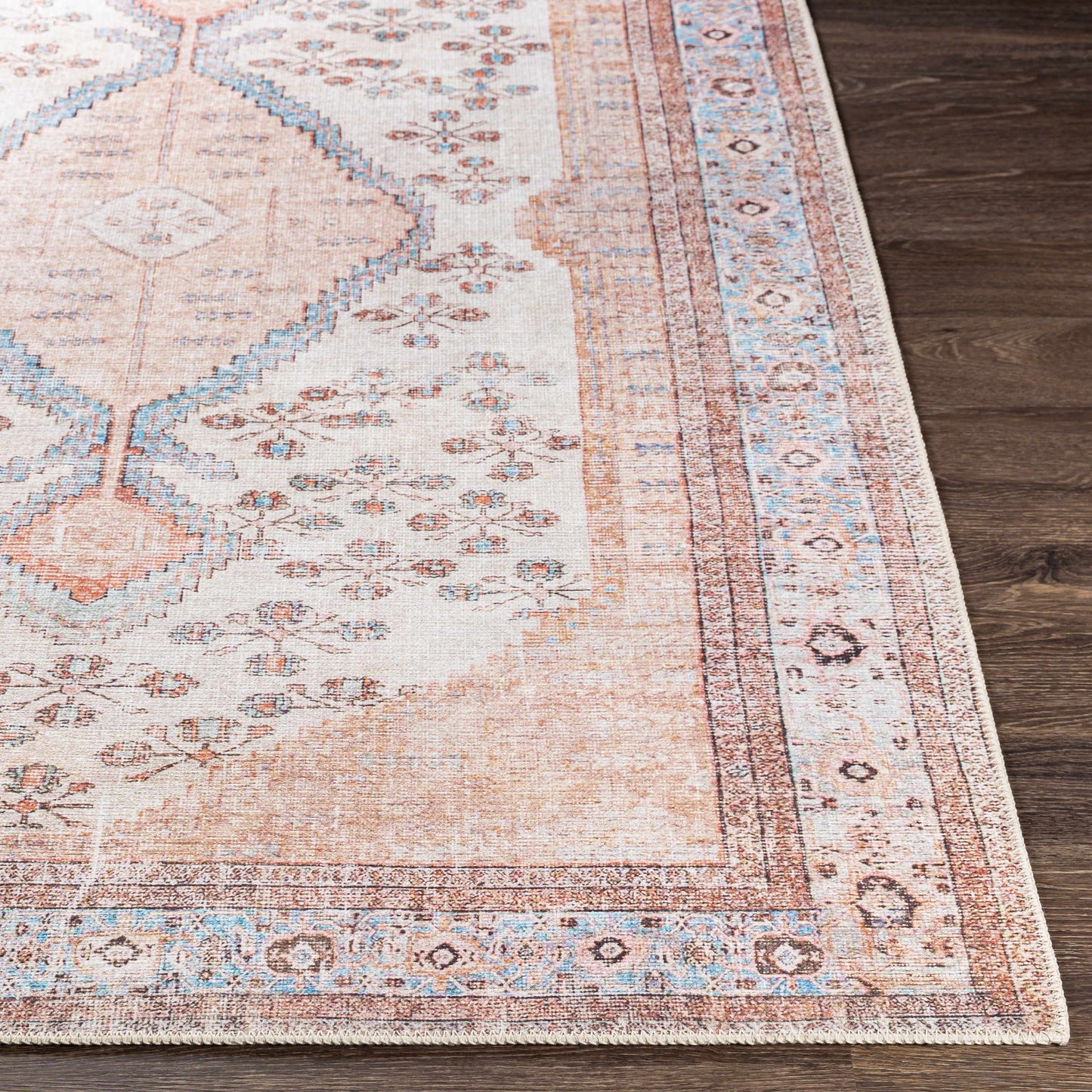 Detailed view Moora low-pile rug in pink and aqua tone