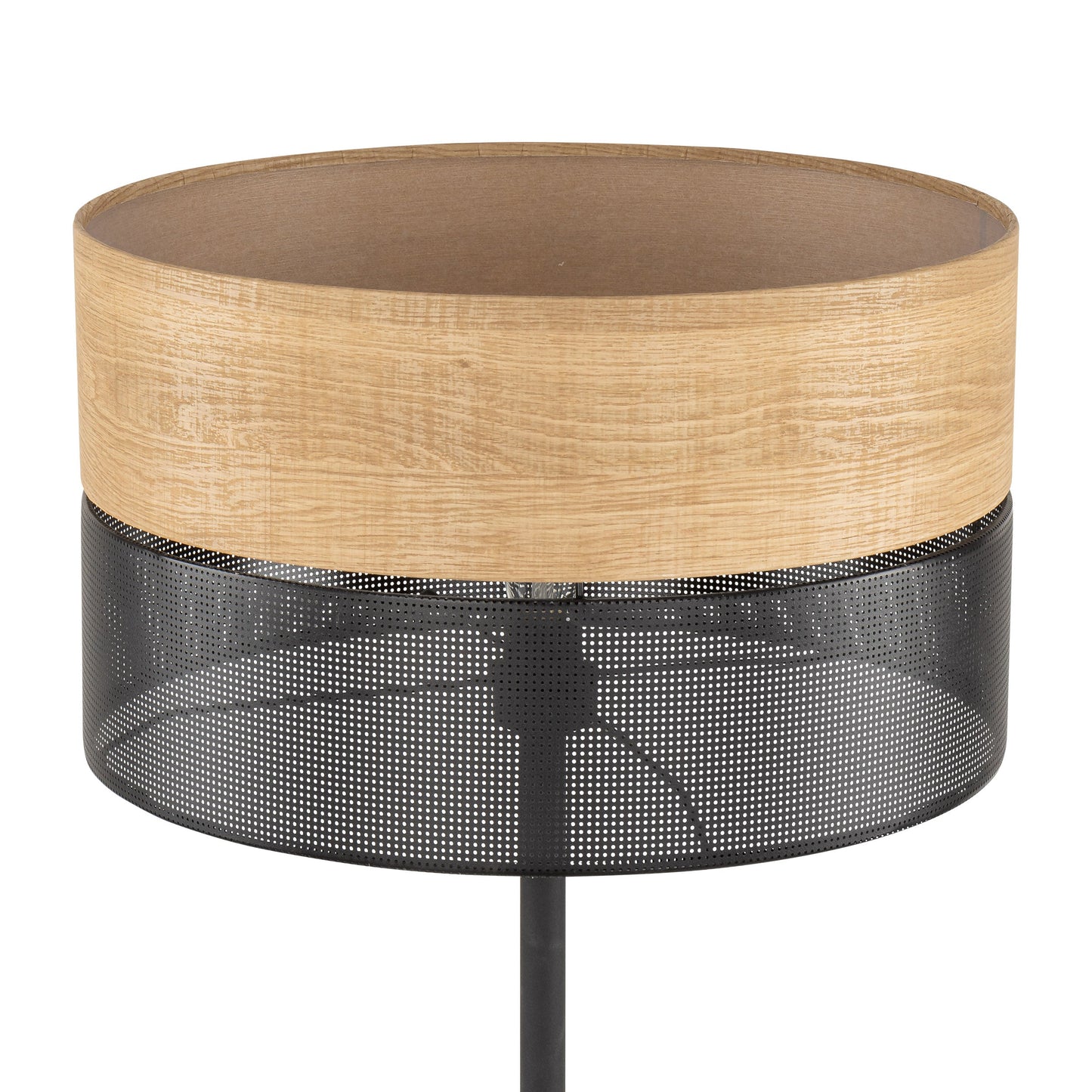 Close-up of NICOL lamp’s oak veneer shade with perforated black foil interior