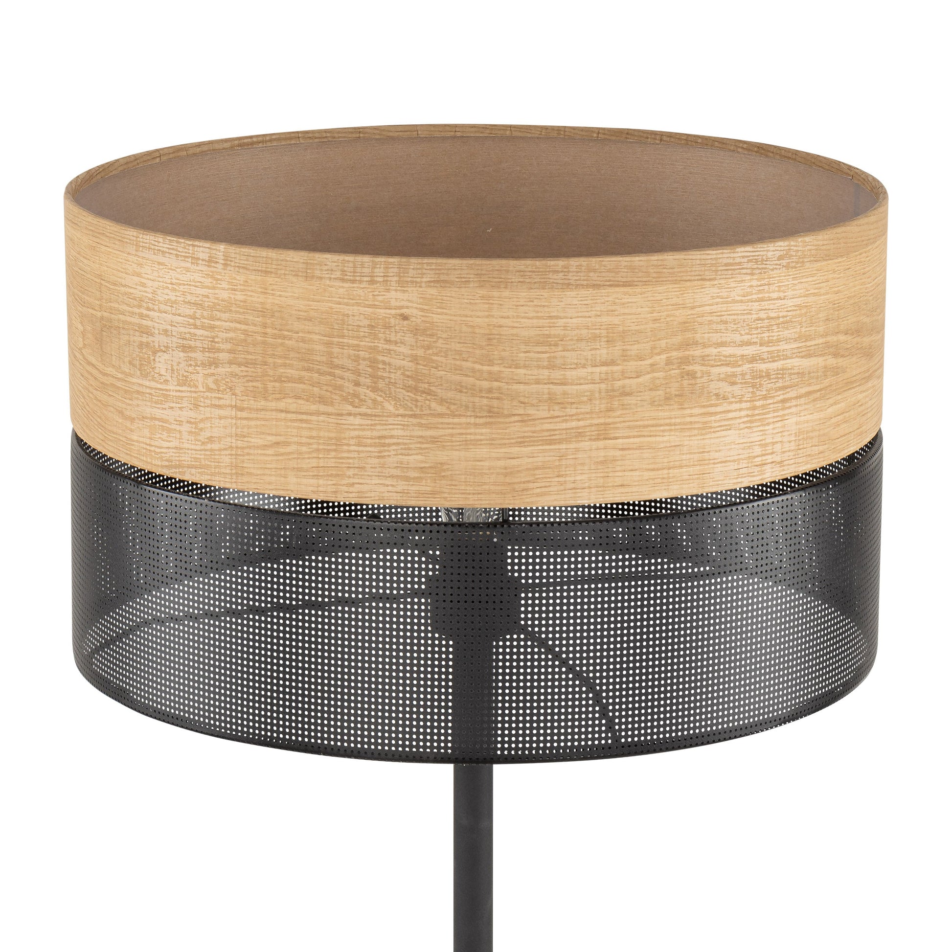 Close-up of NICOL lamp’s oak veneer shade with perforated black foil interior