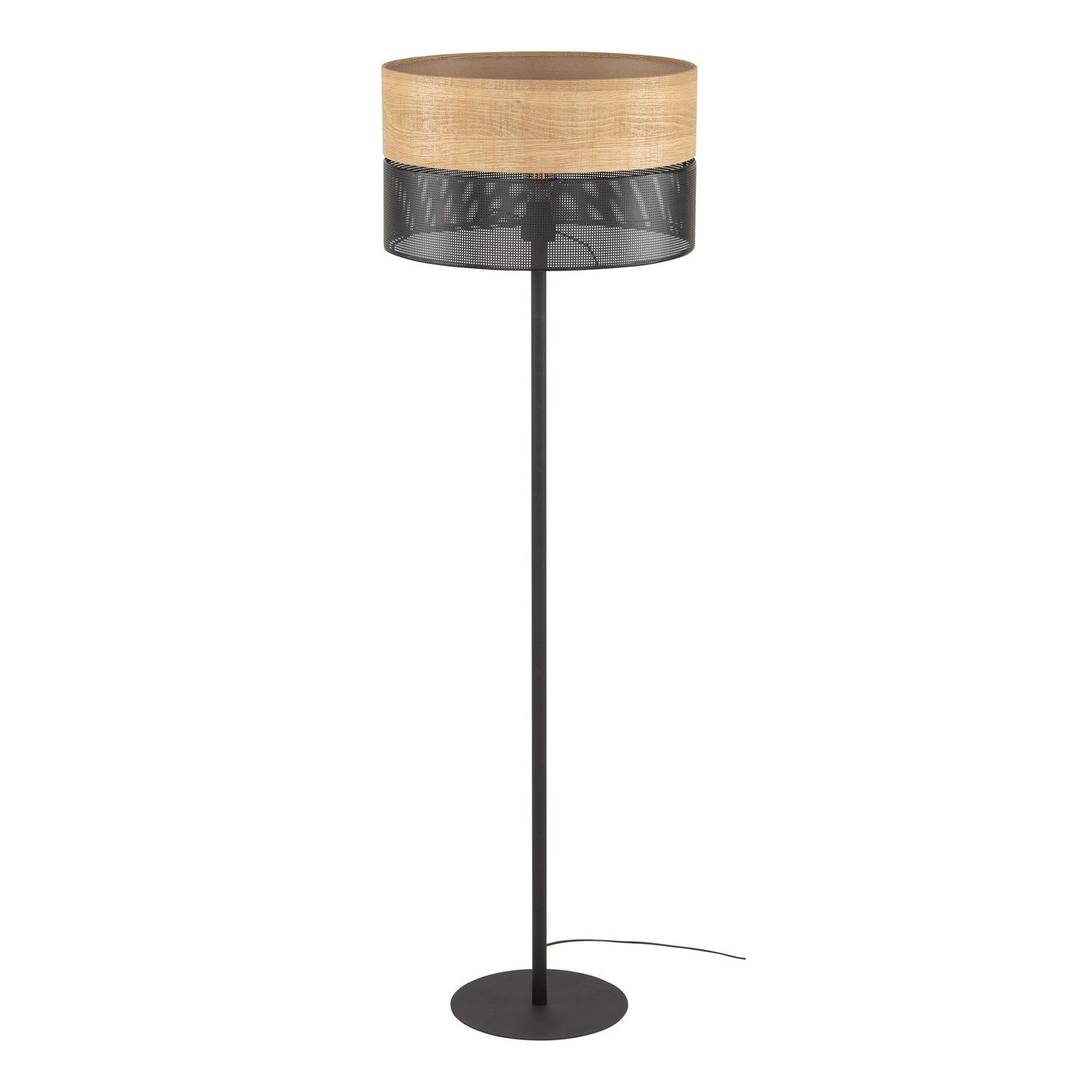 Minimalist floor lamp showing wood grain and black detailing 