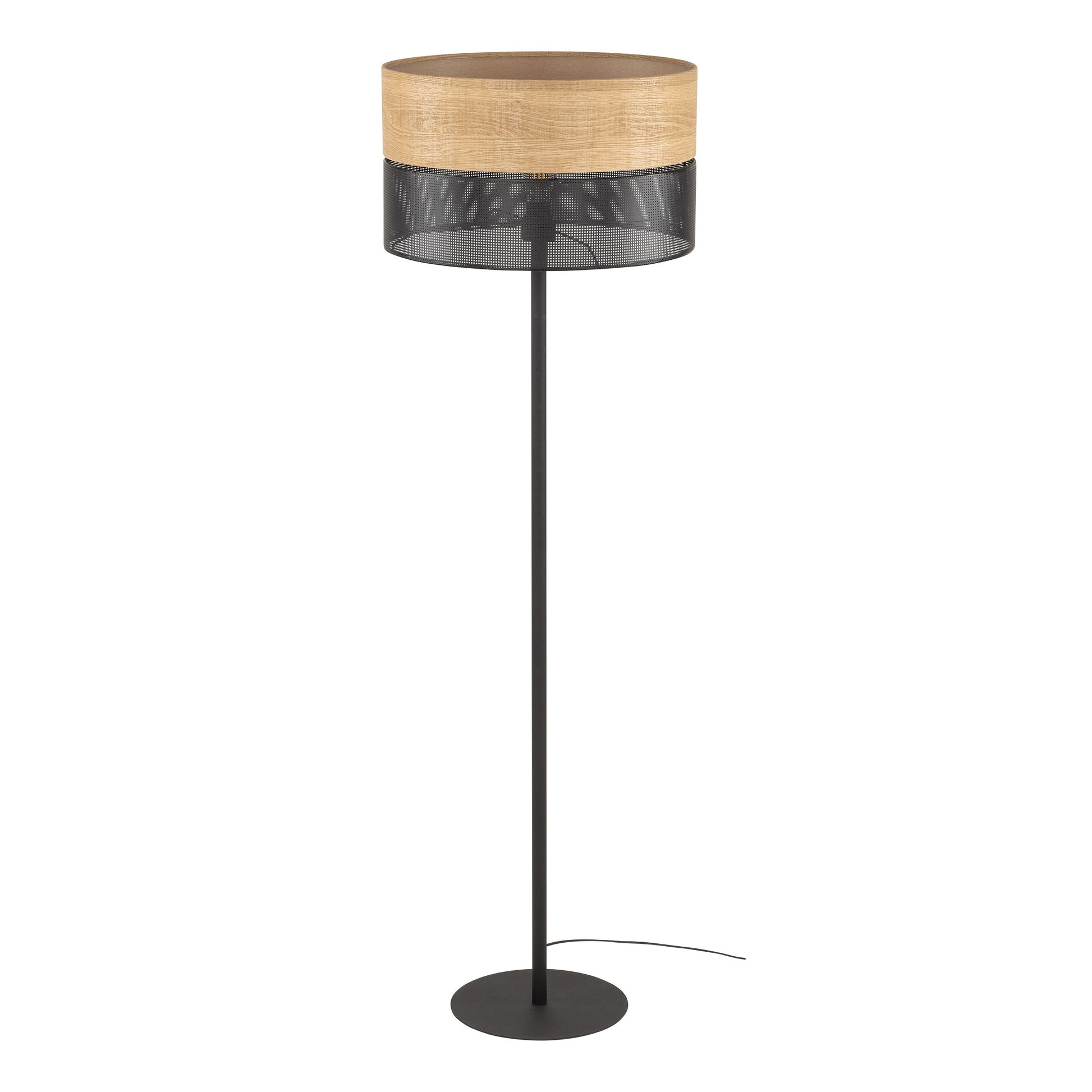 Minimalist floor lamp showing wood grain and black detailing 