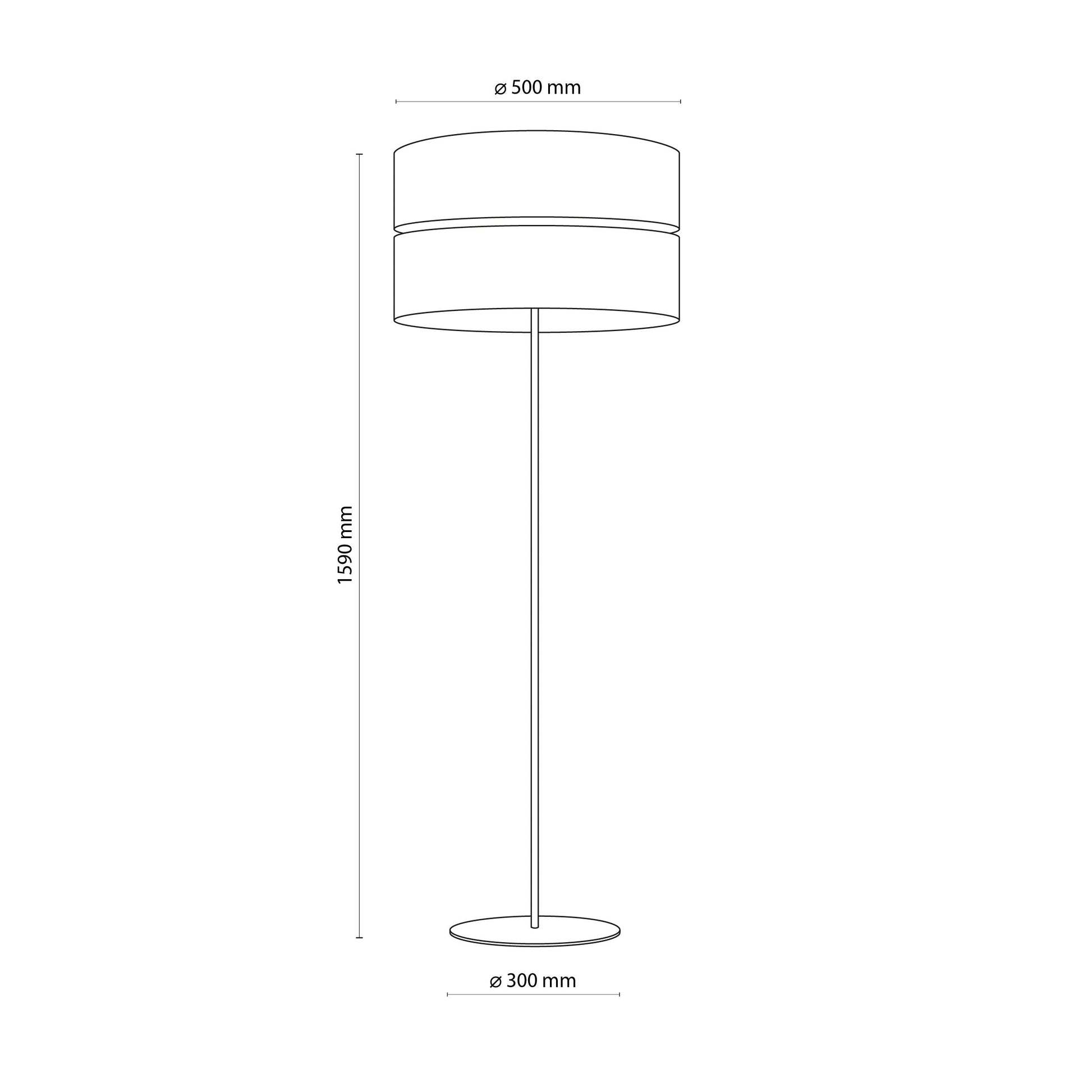 Line drawing of a floor lamp with dimensions on a white background