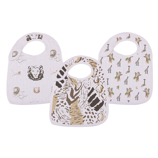 Three baby bibs with animal prints on a white background
