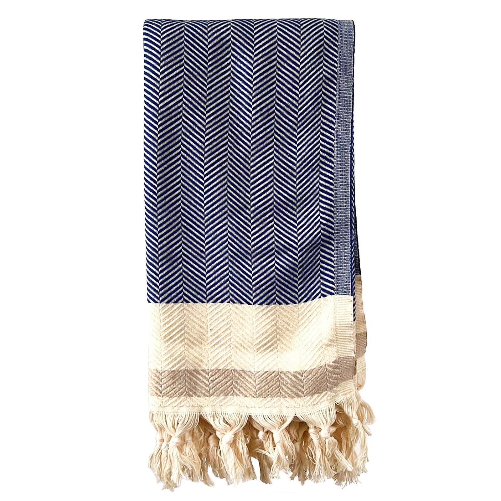 Navy and cream hand-loomed cotton throw blanket with tassels, folded