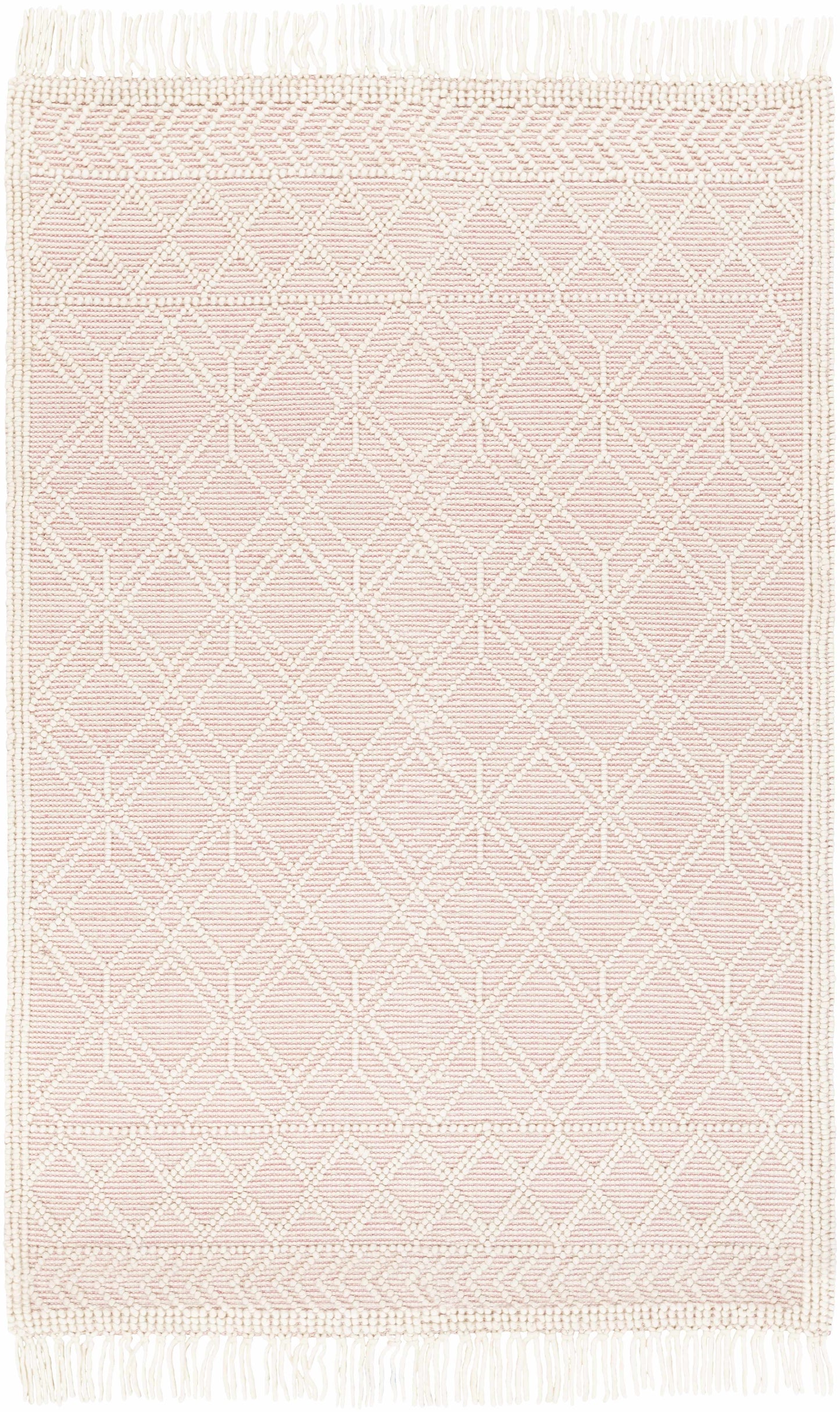 Pink rug with a geometric pattern on a white background