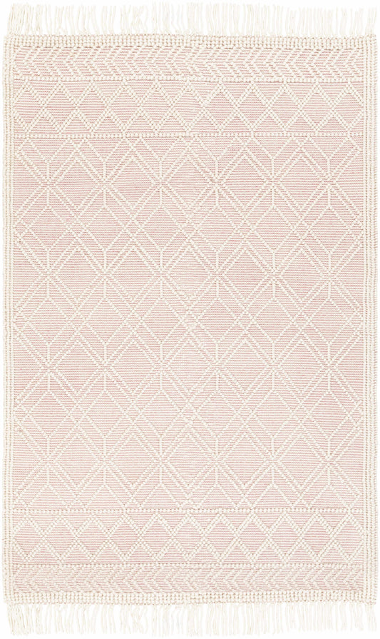 Pink rug with a geometric pattern on a white background