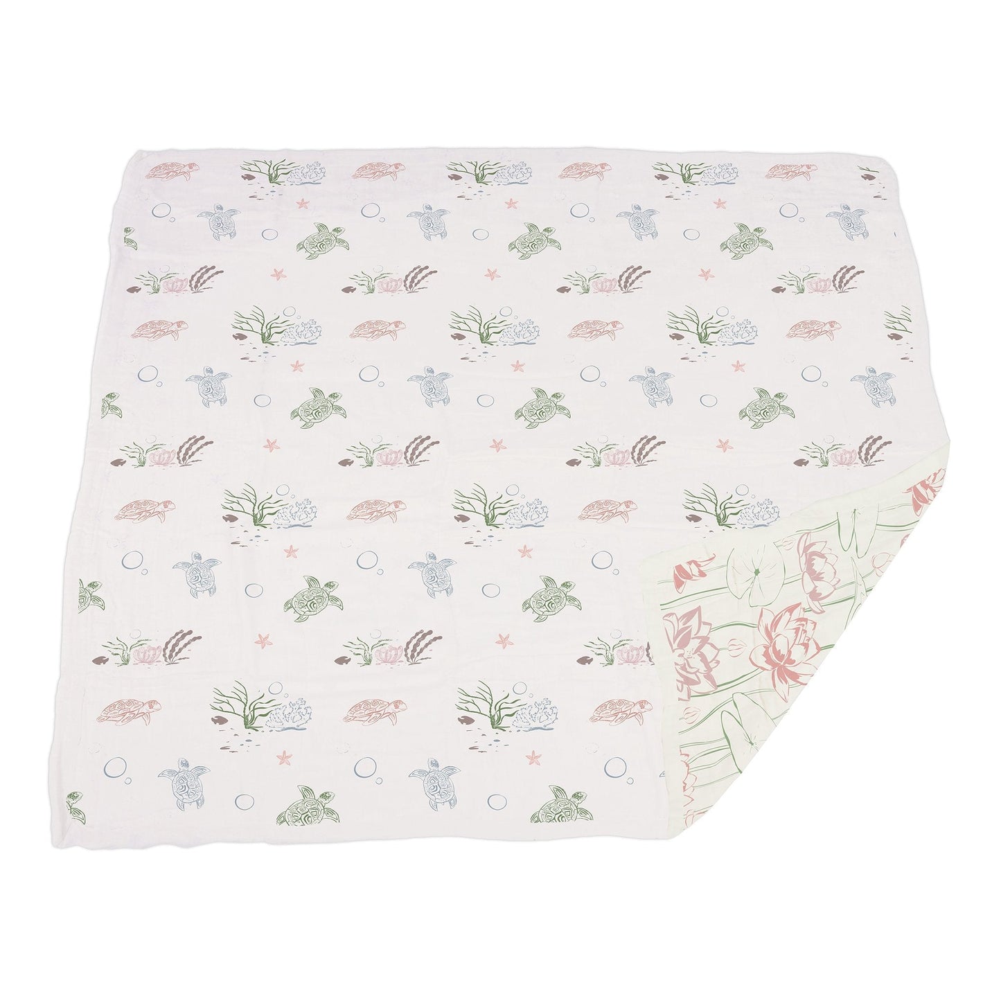 Turtles and Water Lily Bamboo Baby Blanket - Reverse