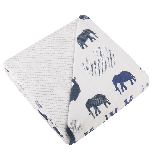Blue Elephant & Spotted Wave Muslin Blanket – 100% Natural Cotton Throw - Purekind Living