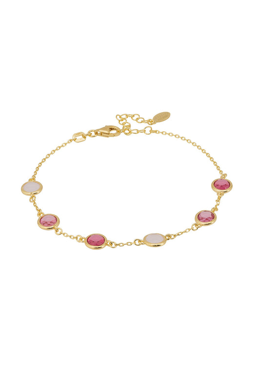 Sardinia gold bracelet featuring rose quartz, ruby, and pink tourmaline stones