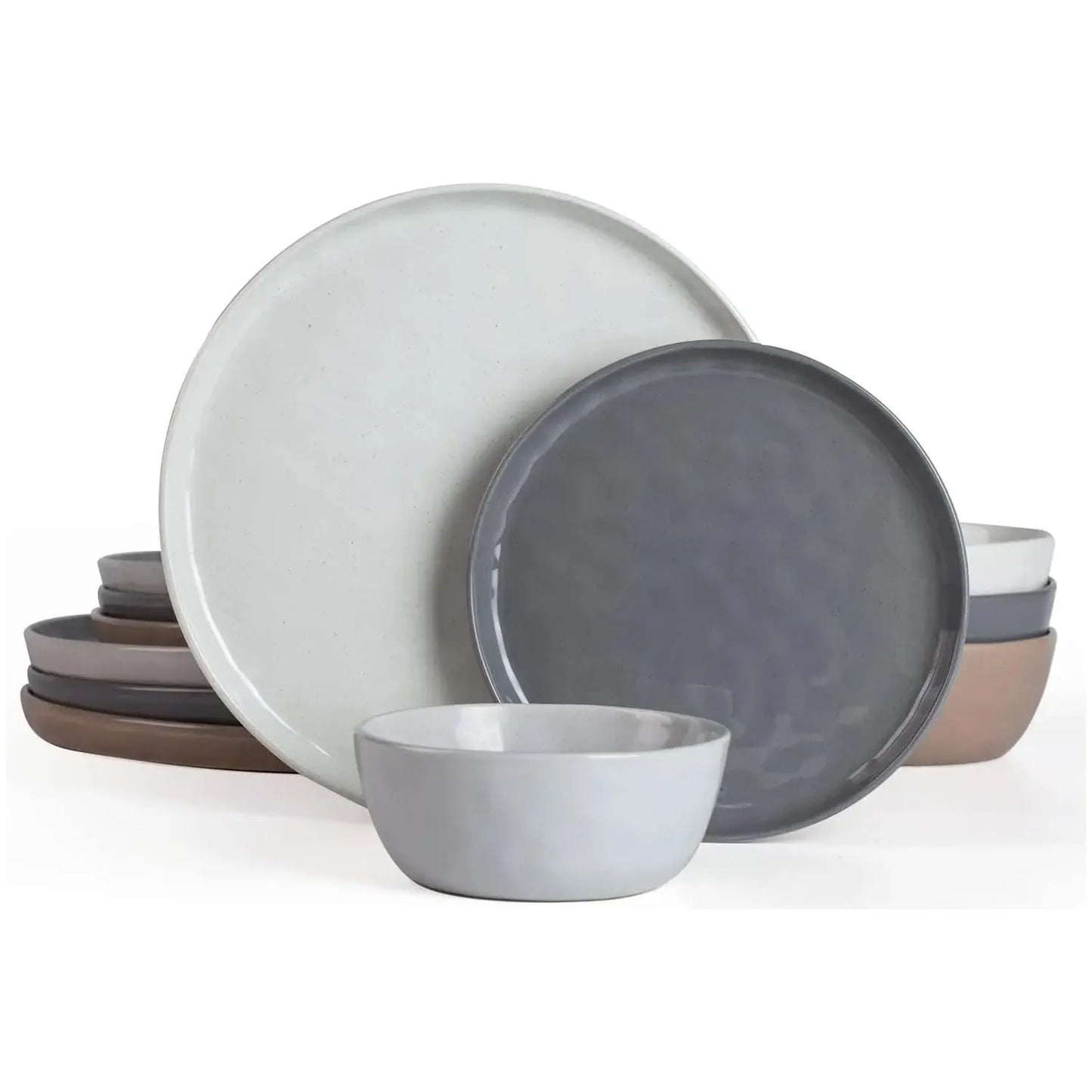 Modern 12-piece dish set in neutral tones, microwave and dishwasher safe for everyday use.